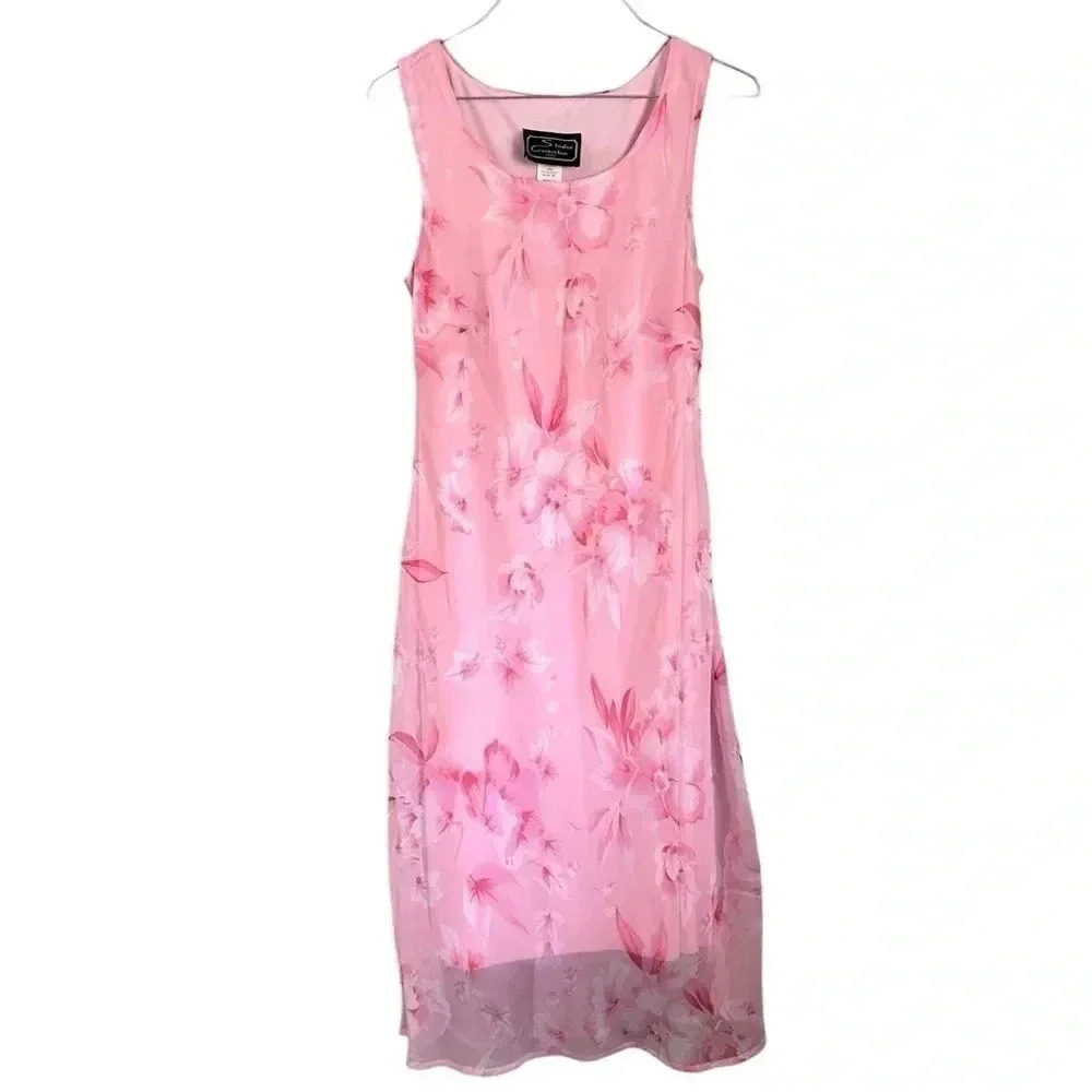 Bright Pink Floral Micromesh Midi Dress Size 6 Petite Romantic Vintage